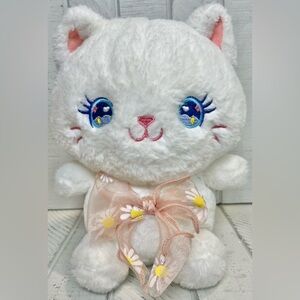 White Cat Plush With Pink Floral Bow Small Kitten Stuffed Animal With Anime Eyes